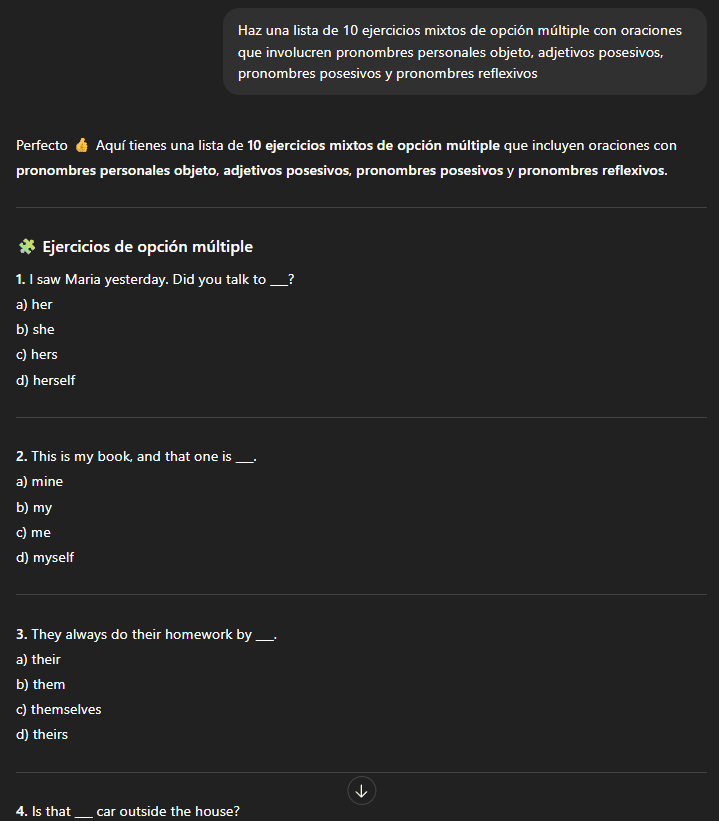 Ejemplo de prompt de ejercicios de ingles