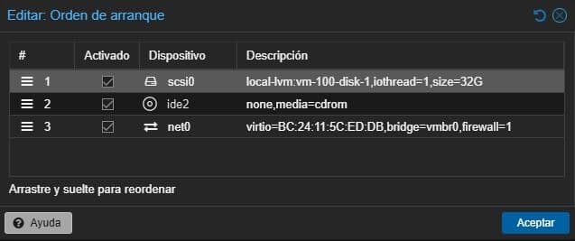 Apartado Orden de Arranque en hardware de VM en Proxmox