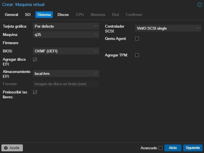Apartado Sistema de crear una VM en Proxmox