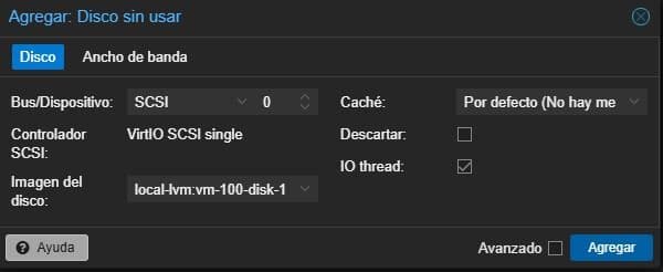 Apartado Disco en hardware de VM en Proxmox