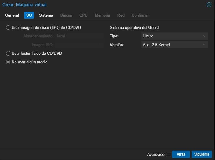Apartado SO de crear una VM en Proxmox