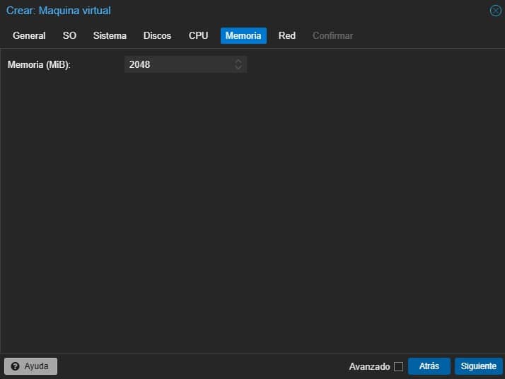 Apartado Memoria de crear una VM en Proxmox