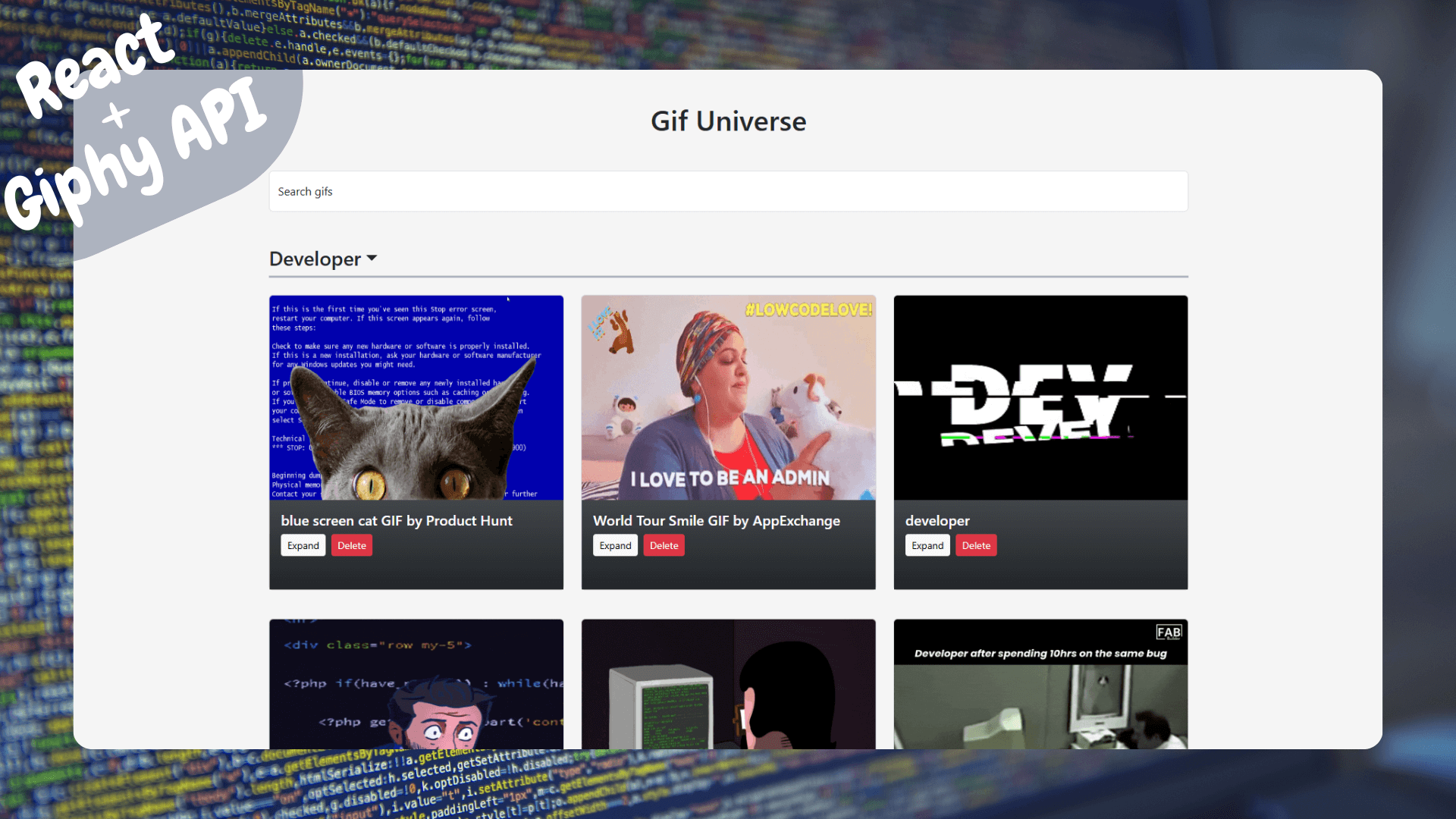 Interfaz de usuario de la aplicación Gif Universe