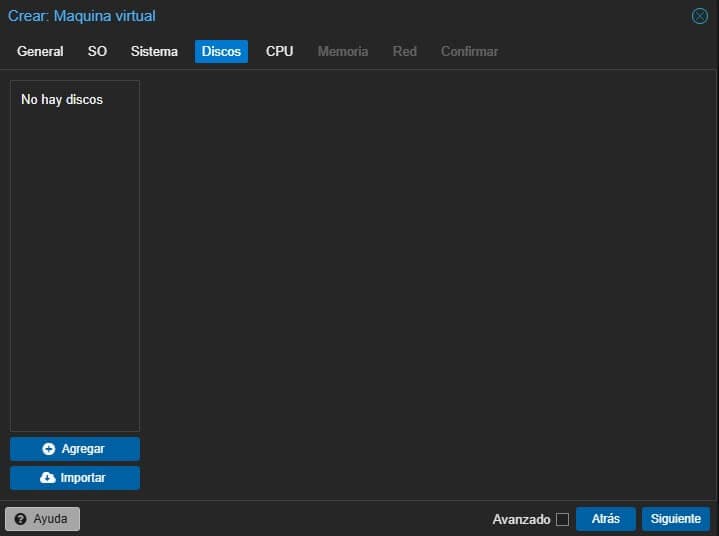 Apartado Discos de crear una VM en Proxmox