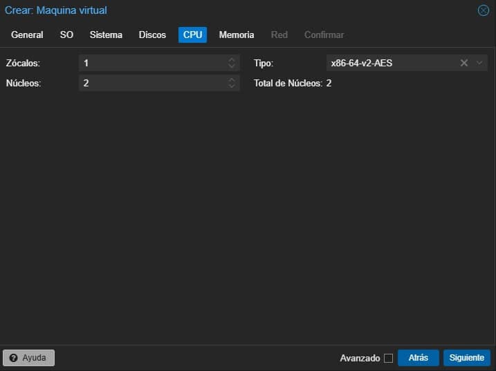 Apartado CPU de crear una VM en Proxmox
