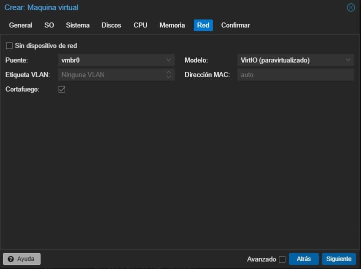 Apartado Red de crear una VM en Proxmox